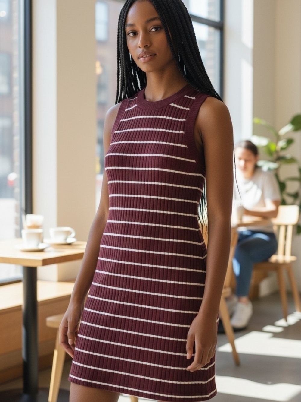 Evereve Burgundy and Cream Striped Ribbed Y2k Mini Dress